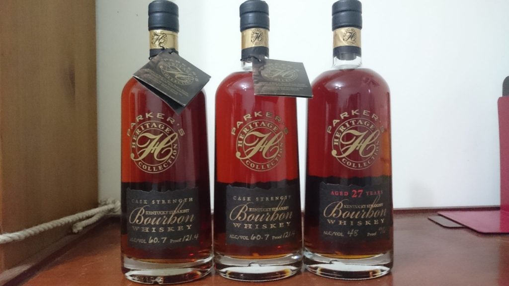 Parker's Heritage 1st Ed. (Cask Strength) Export Proof (bottles on left)<br />Photo courtesy of Shannon Jeng